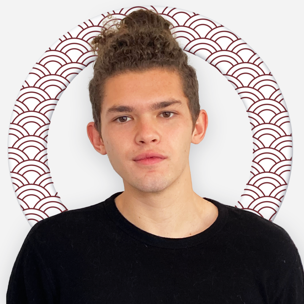 Photography of Mark trabolsi,from the shoulders and up. Mark is wearing a black shirt and has his hair tied around. He faces the front with grace and a slight inclination to the left side of the screen. the background shows a circlefilled with red circles,a pattern that was taken from different cultures and added as a visual engagement around my silhouette